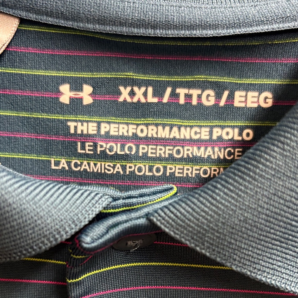 Under Armour Men's Blue and Neon Green Striped Polo - Picture 2 of 5